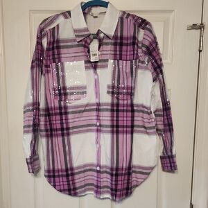 Cato Pink and White Plaid Blouse with Sequins